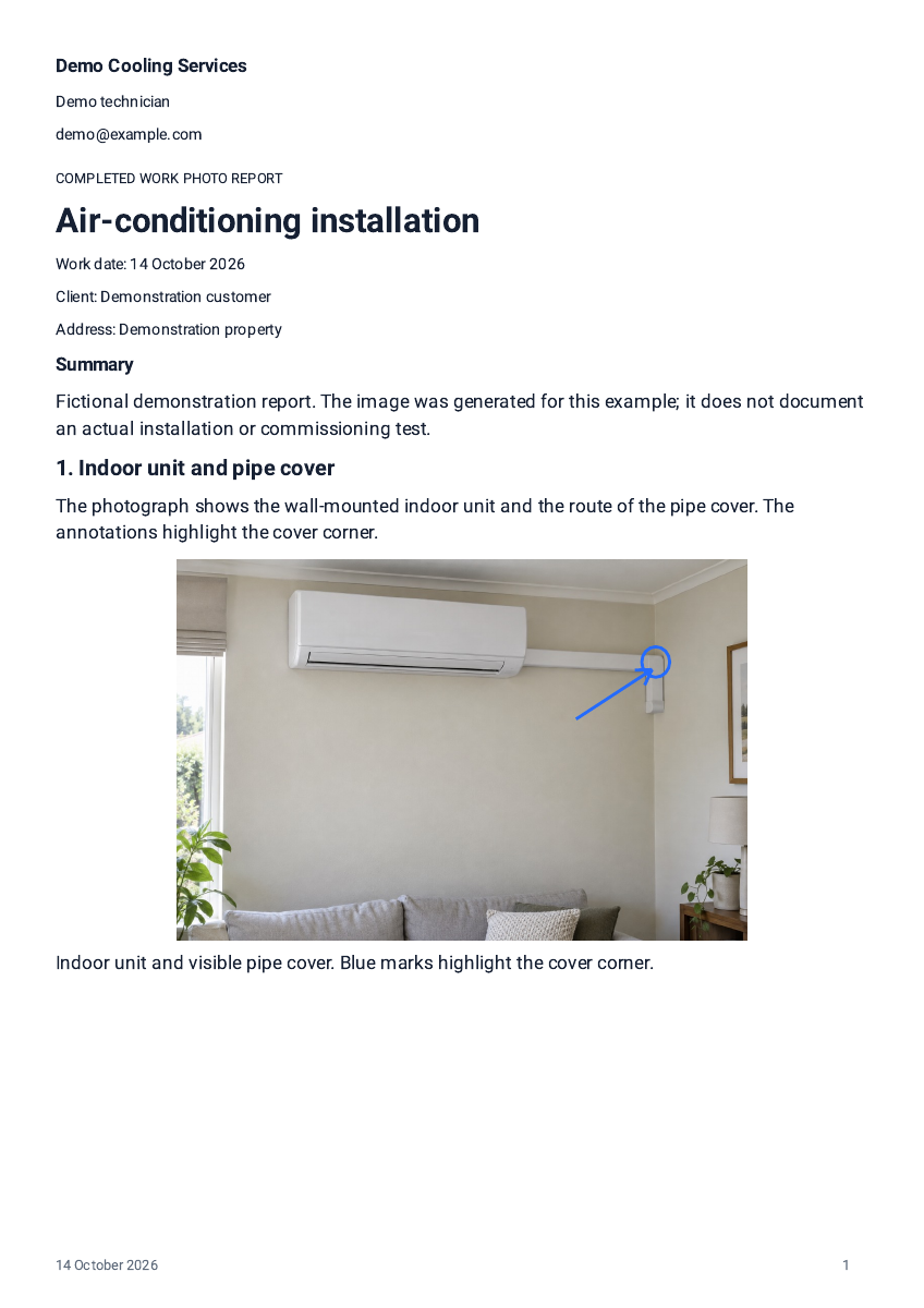 The one-page Reportago demonstration PDF for an air conditioning installation, with a blue arrow and circle highlighting the pipe-cover corner