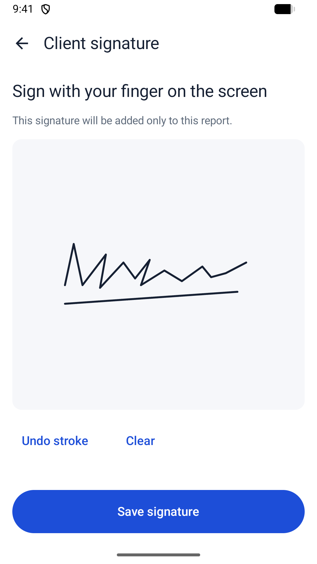 Genuine Android client signature screen showing an example handwritten signature