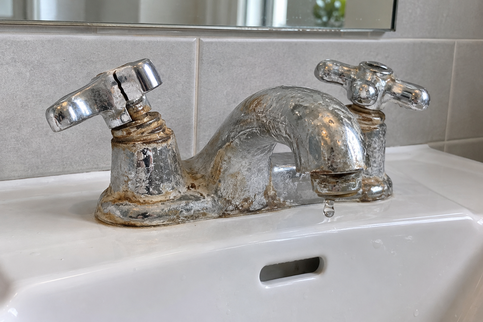 Before: damaged handles and limescale on the old bathroom tap