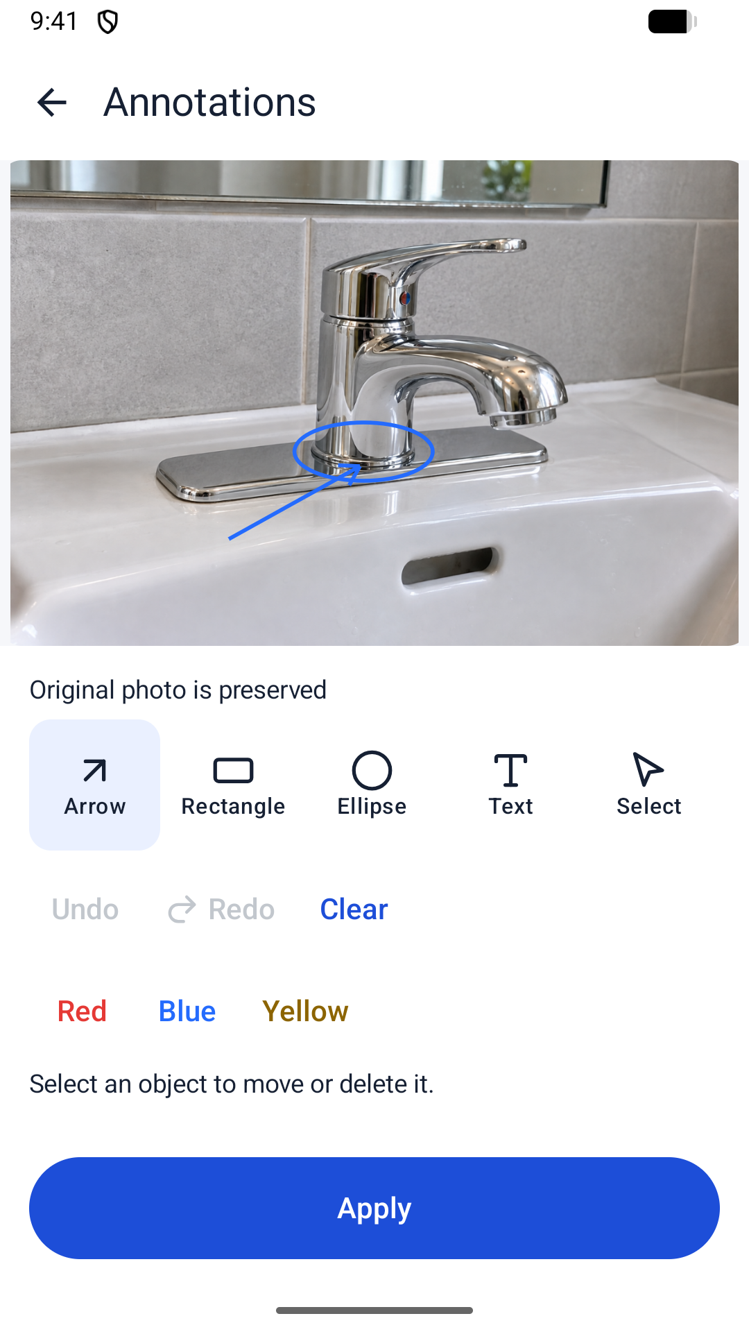 Genuine Android annotation screen: a blue arrow and circle highlight the new tap seal